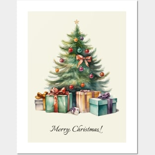 Rainbow Christmas Tree with Presents Watercolor Art Posters and Art